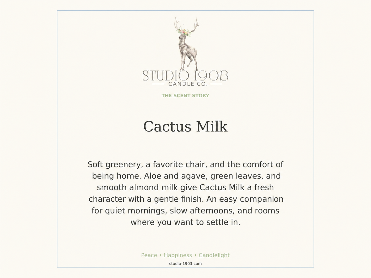 Cactus Milk scent story: aloe and agave, green leaves, and smooth almond milk
